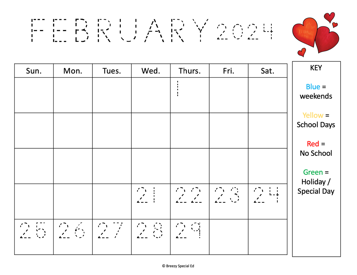 Visual Color Coded Calendars and Calendar Worksheets for Special Education