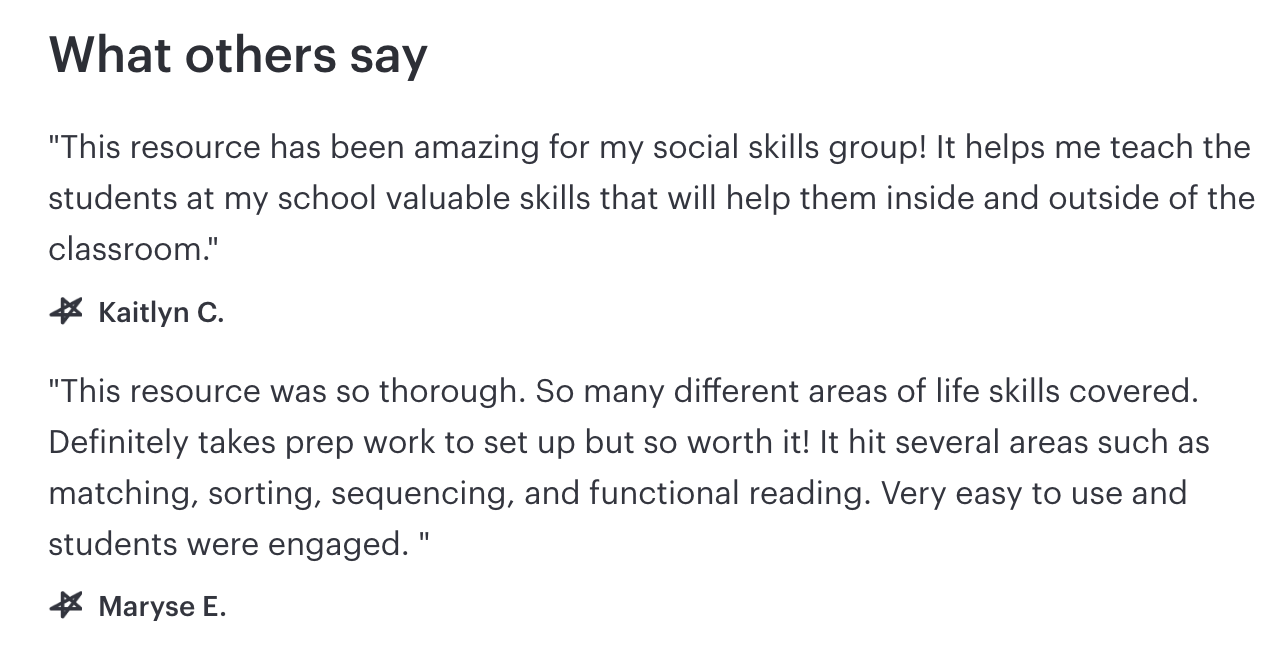 Reviews of life skills file folders bundle with two testimonials on a white background.