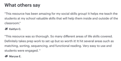 Reviews of life skills file folders bundle with two testimonials on a white background.