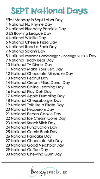 National Days September Differentiated Journals for special education