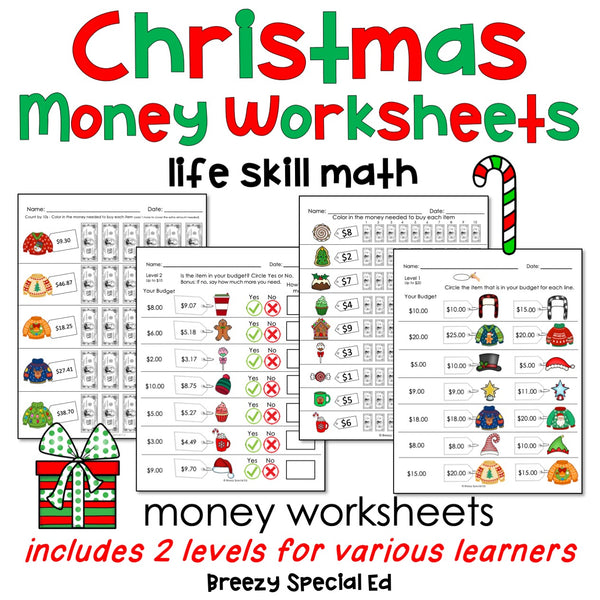 Christmas Life Skill Money Math + Budget Worksheets for Special Education
