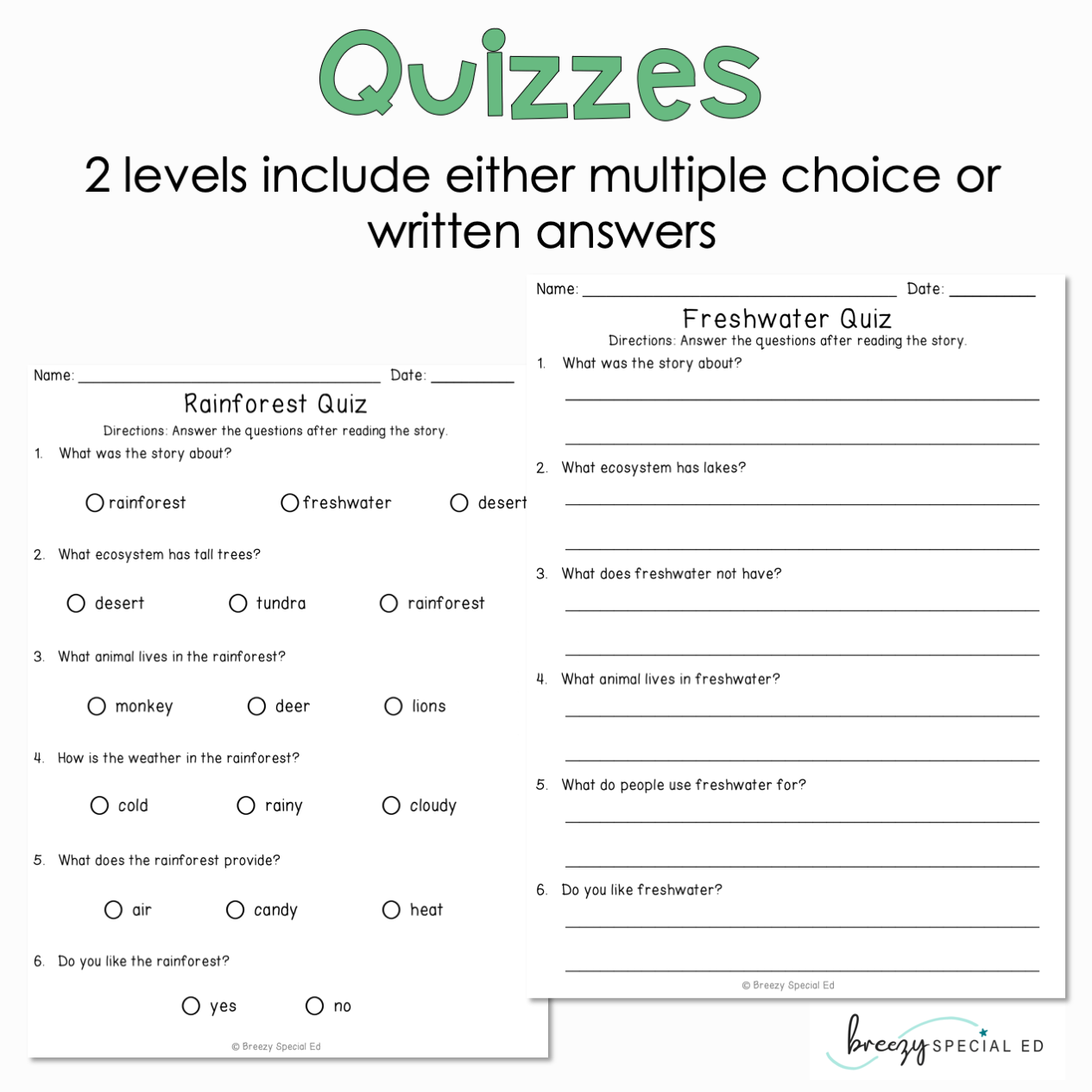 Ecosystems - Easy Reading Comprehension for Special Education