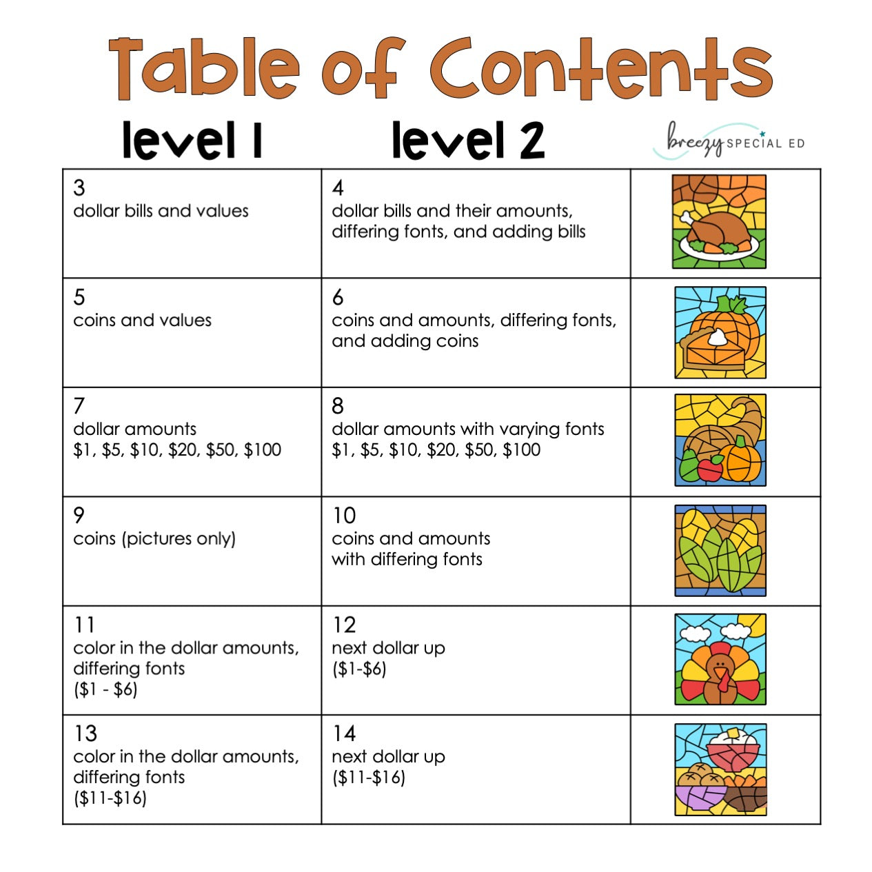 Thanksgiving Money Identification and Next Dollar Up Math Color by Code