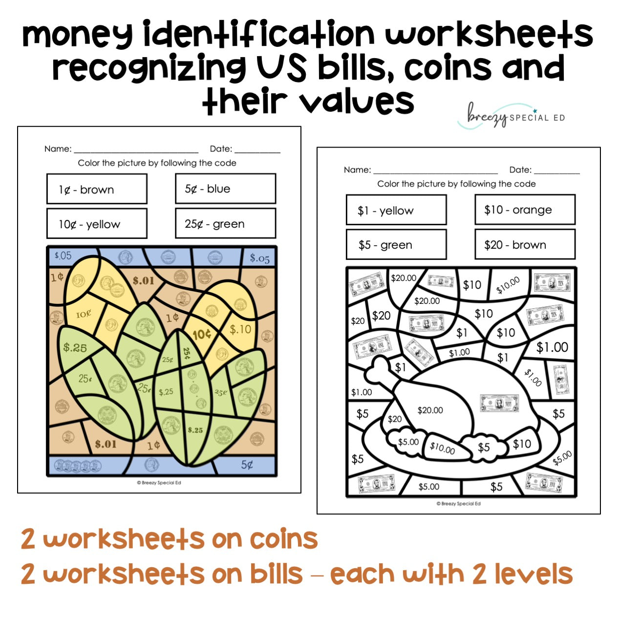Thanksgiving Money Identification and Next Dollar Up Math Color by Code