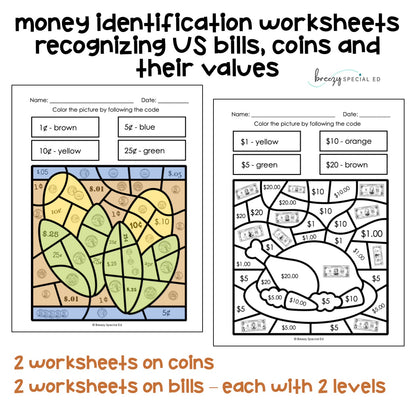 Thanksgiving Money Identification and Next Dollar Up Math Color by Code