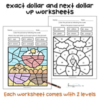 Thanksgiving Money Identification and Next Dollar Up Math Color by Code