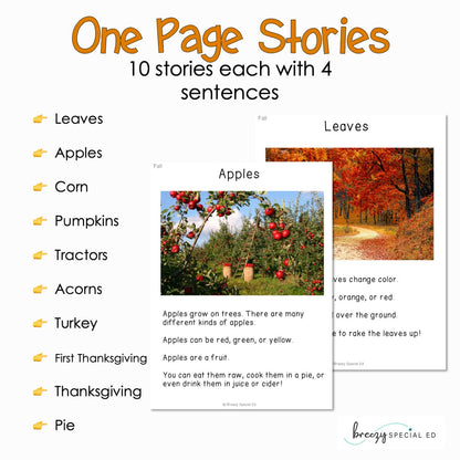 Fall and Thanksgiving - Easy Reading Comprehension for Special Education