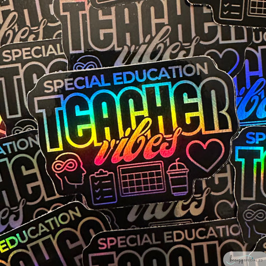 A collection of stickers with the text 'SPECIAL EDUCATION TEACHER VIBES' in multicolored letters, with additional thematic elements like a globe, infinity symbol, and heart.