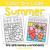 Summer Money Identification and Next Dollar Up Life Skill Math Color by Code