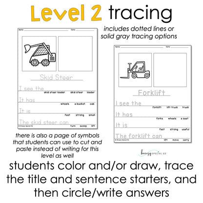 Special Education worksheet for Level 2 tracing with skid steer and forklift images and text.