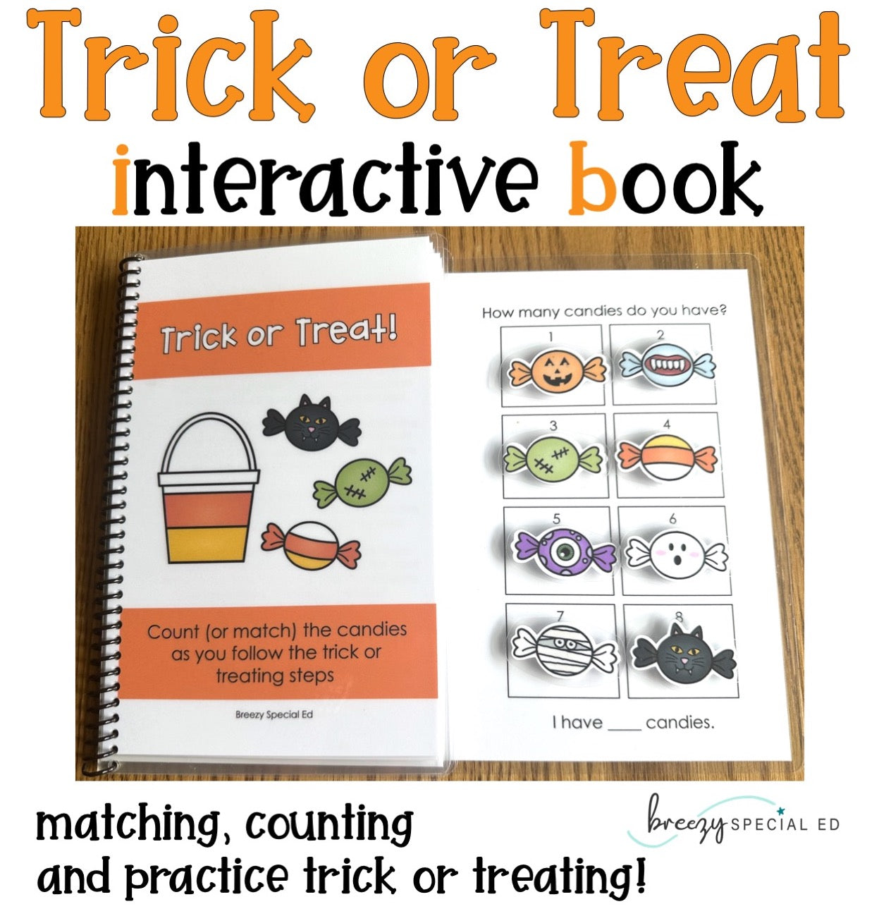 Trick or Treat interactive book that works on matching, counting, and practicing trick-or-treating. For special education students.