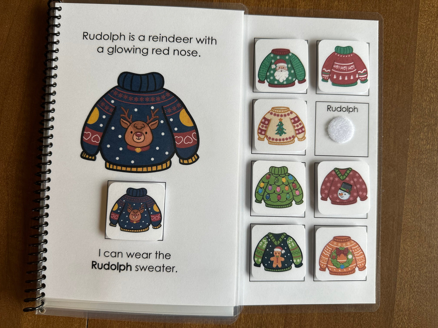Adapted Christmas sweater book with Christmas characters for special education