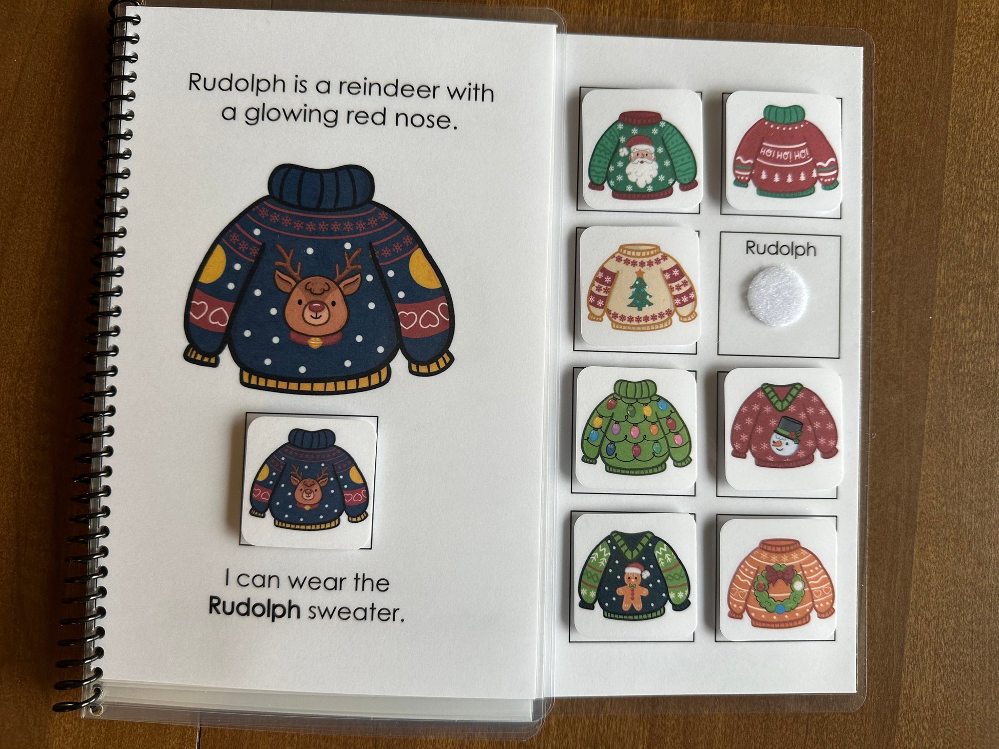 Adapted Christmas sweater book with Christmas characters for special education