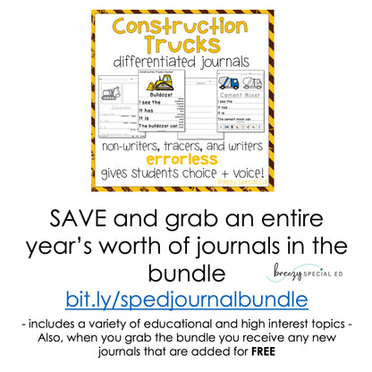 Promotional graphic for construction-themed differentiated journals with a call to action to save and bundle.