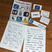 Special Education materials on community signs and symbols including flashcards, bingo, and worksheets