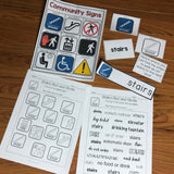Special Education materials on community signs and symbols including flashcards, bingo, and worksheets