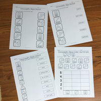 Four printed worksheets with community icon designs designed for special education life skill students