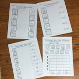 Four printed worksheets with community icon designs designed for special education life skill students