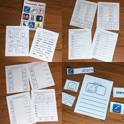 Special Education materials including worksheets and flashcards with a community signs theme
