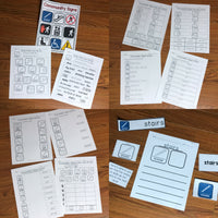 Special Education materials including worksheets and flashcards with a community signs theme
