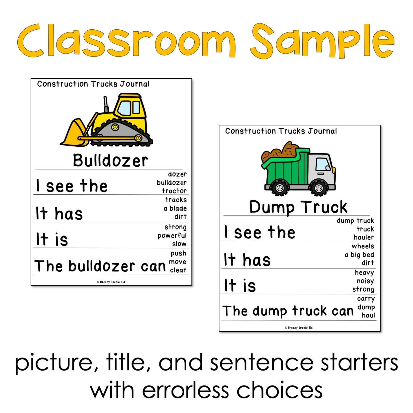 Two construction-themed educational pages with bulldozer and dump truck illustrations and text for special education students