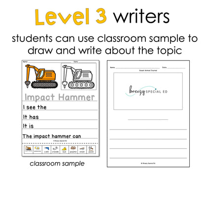 Special Education worksheet for Level 3 writers with construction-themed activities.