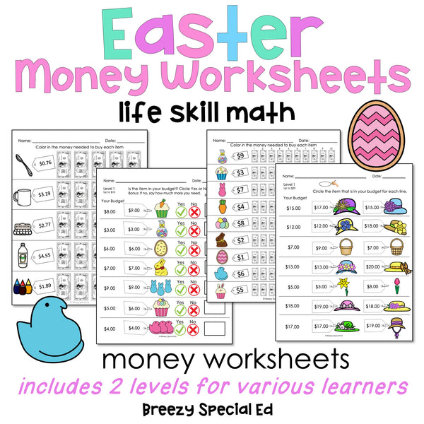 Easter Life Skill Money Math + Budget Worksheets for Special Education