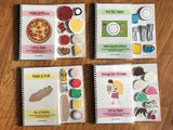 4 adapted books with food themes focusing on activities like making pizza, setting a table, making a sandwich, and scooping ice cream.
