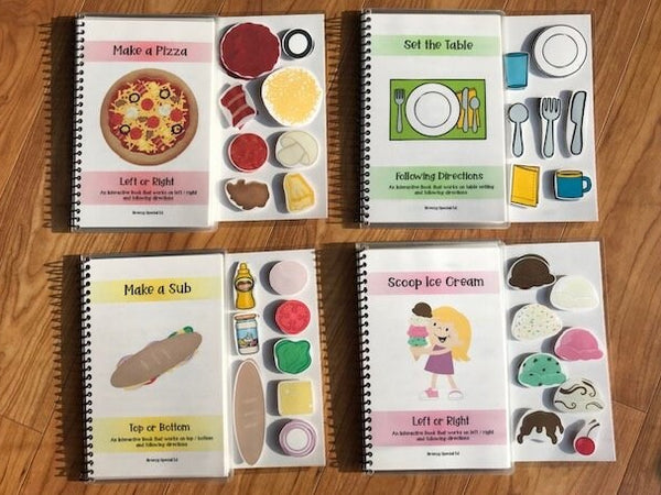 4 adapted books with food themes focusing on activities like making pizza, setting a table, making a sandwich, and scooping ice cream.