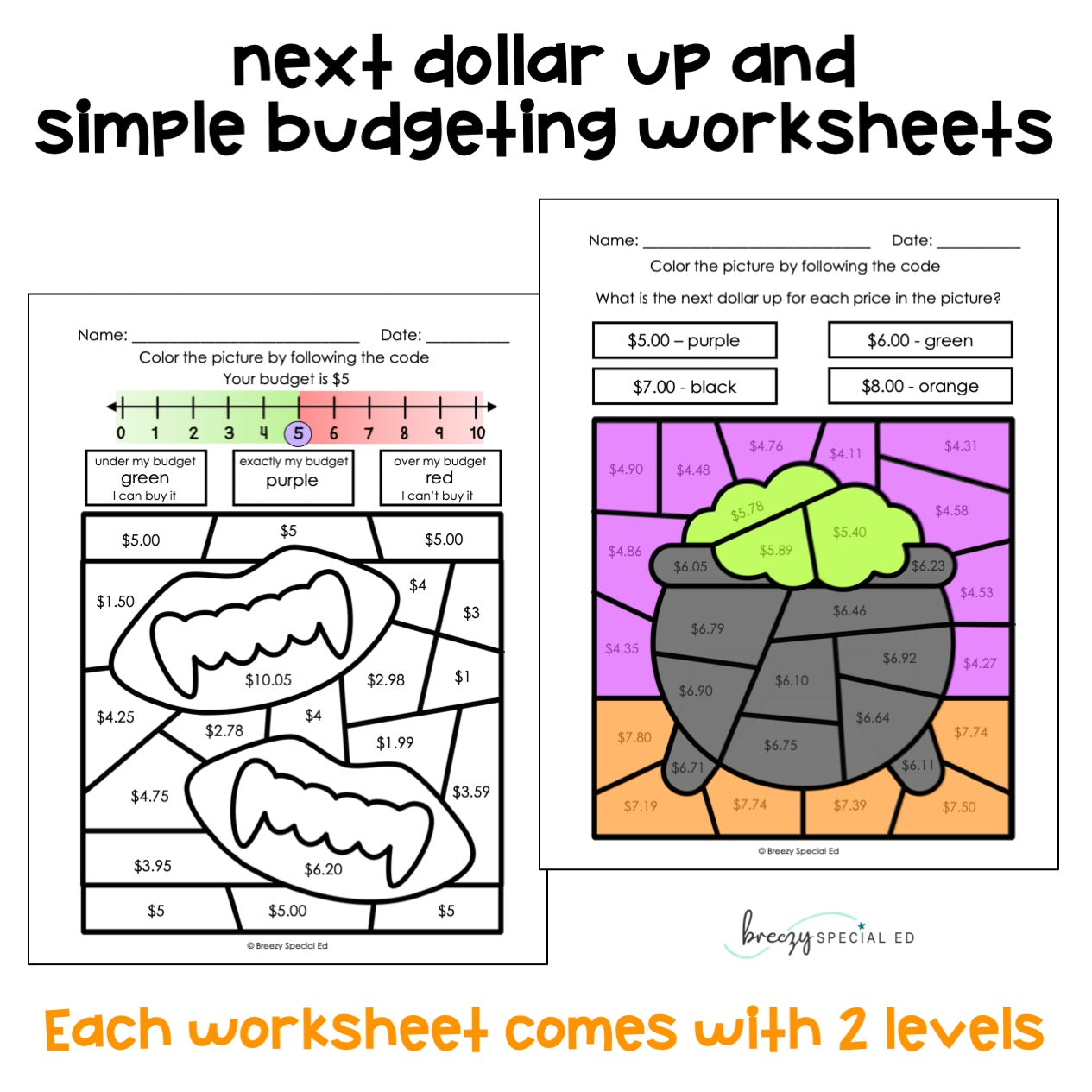 Halloween Life Skill Money Math Color by Code Worksheets for Special Ed