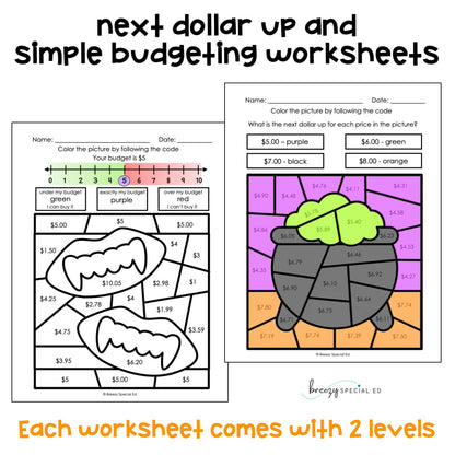Halloween Life Skill Money Math Color by Code Worksheets for Special Ed