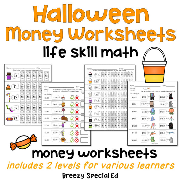 Halloween Life Skill Money Math + Budget Worksheets for Special Educat ...