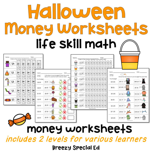 Halloween Life Skill Money Math + Budget Worksheets for Special Education