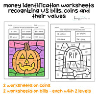 Halloween Life Skill Money Math Color by Code Worksheets for Special Ed