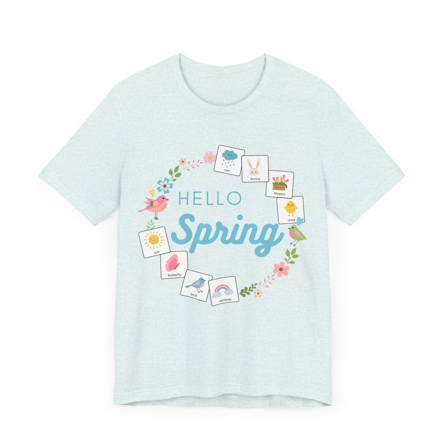 Light blue tshirt that says "hello spring" and includes a flower border and 8 symbol cards commonly used with AAC and special education
