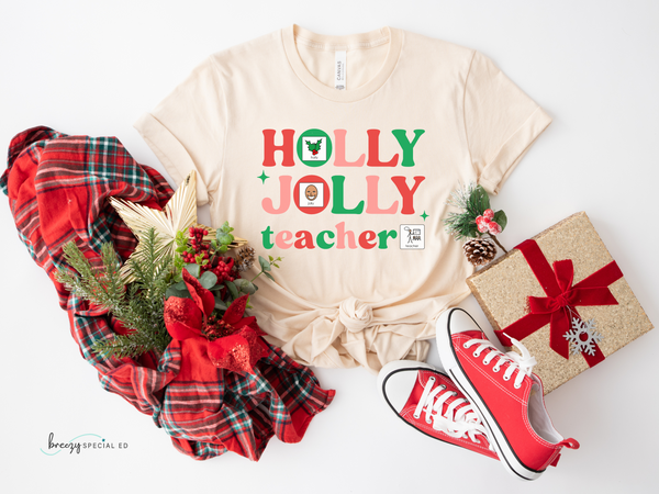 Holly Jolly Teacher with symbols | Special Education Christmas Teacher Tee | ABA | Speech Therapist Tshirt