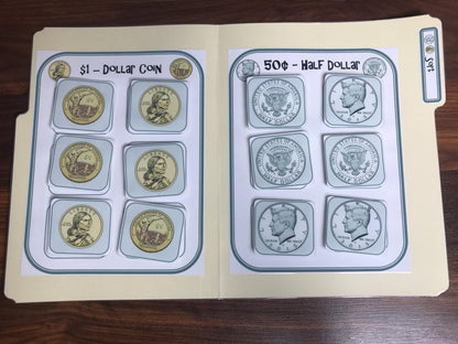 Coin identification Money Math file folders for special education (US currency) 11pk - Fully Prepped
