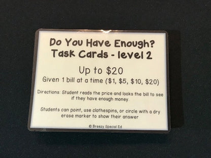 Do you have enough money? Level 2 - Money Math Task Cards for special education - Fully Prepped