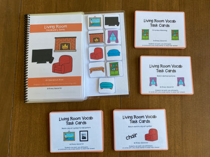 Living Room Vocabulary Life Skills Adaptive Booklet w Task Cards (Special Ed and Autism Resource) - Fully Prepped