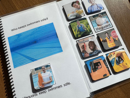 Adapted book with images of lifeguards and a pool, emphasizing safety.