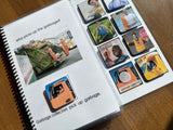 Spiral-bound adapted book book with images and text about garbage collectors on a wooden surface