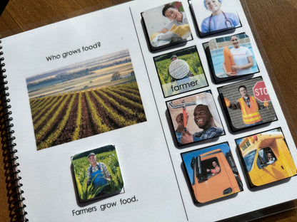 Special education book page about farmers and food production