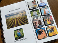 Special education book page about farmers and food production