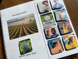 Special education book page about farmers and food production