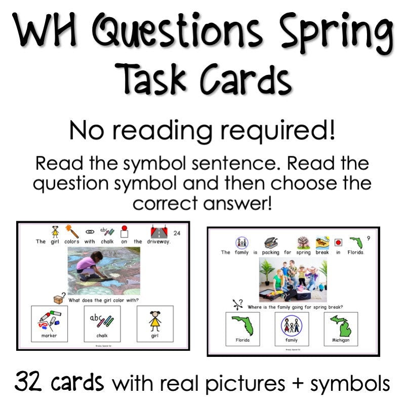 WH Questions Spring task cards for autism and special education