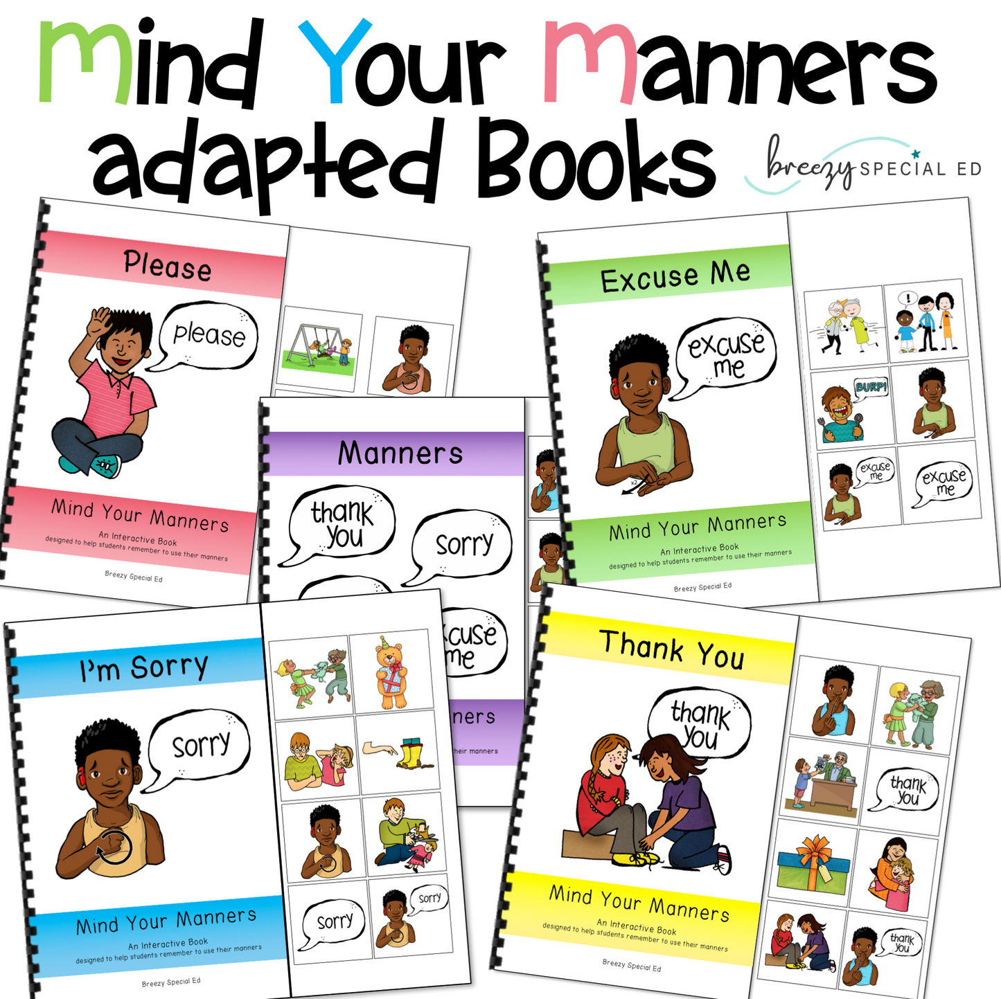 Mind Your Manners adapted books for special education life skills including: please, thank you, excuse me and I'm sorry