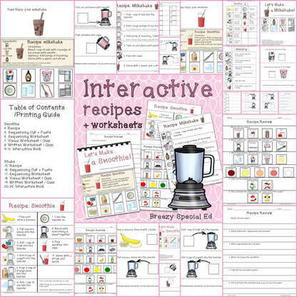 Interactive visual recipes and worksheets for smoothies and milkshakes designed for special education with a blender graphic on a pink background.