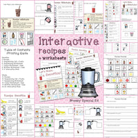 Interactive visual recipes and worksheets for smoothies and milkshakes designed for special education with a blender graphic on a pink background.