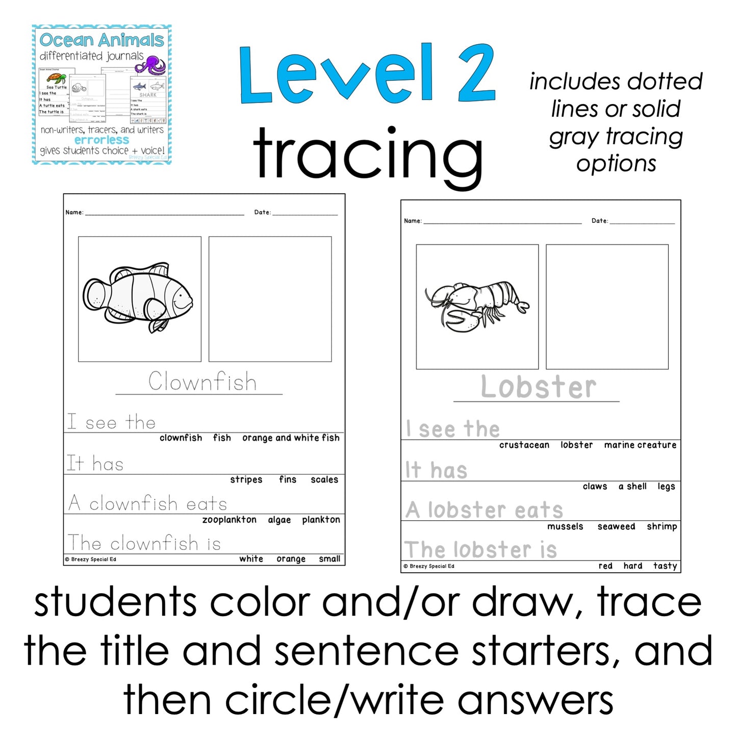 Ocean Animals Differentiated Errorless Journal Writing for Special Education and Autism