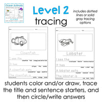 Ocean Animals Differentiated Leveled Journal Writing for Special Education / Autism